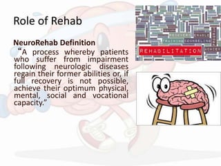 Role of Rehab
NeuroRehab Definition
“A process whereby patients
who suffer from impairment
following neurologic diseases
regain their former abilities or, if
full recovery is not possible,
achieve their optimum physical,
mental, social and vocational
capacity.”
 