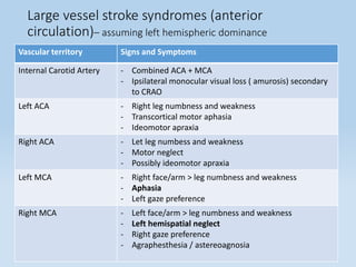 Large vessel stroke syndromes (anterior
circulation)– assuming left hemispheric dominance
Vascular territory Signs and Symptoms
Internal Carotid Artery - Combined ACA + MCA
- Ipsilateral monocular visual loss ( amurosis) secondary
to CRAO
Left ACA - Right leg numbness and weakness
- Transcortical motor aphasia
- Ideomotor apraxia
Right ACA - Let leg numbess and weakness
- Motor neglect
- Possibly ideomotor apraxia
Left MCA - Right face/arm > leg numbness and weakness
- Aphasia
- Left gaze preference
Right MCA - Left face/arm > leg numbness and weakness
- Left hemispatial neglect
- Right gaze preference
- Agraphesthesia / astereoagnosia
 