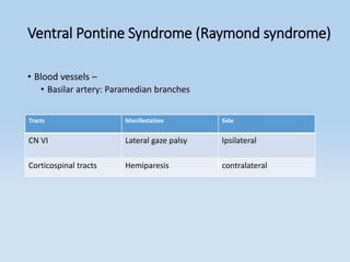 Ventral Pontine Syndrome (Raymond syndrome)
• Blood vessels –
• Basilar artery: Paramedian branches
Tracts Manifestation Side
CN VI Lateral gaze palsy Ipsilateral
Corticospinal tracts Hemiparesis contralateral
 