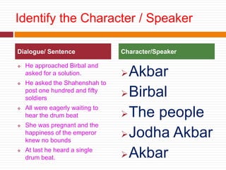 Identify the Character / Speaker
 He approached Birbal and
asked for a solution.
 He asked the Shahenshah to
post one hundred and fifty
soldiers
 All were eagerly waiting to
hear the drum beat
 She was pregnant and the
happiness of the emperor
knew no bounds
 At last he heard a single
drum beat.
Akbar
Birbal
The people
Jodha Akbar
Akbar
Dialogue/ Sentence Character/Speaker
 