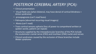 POSTERIOR CEREBRAL ARTERY (PCA):
• Clinical presentation:
• Visual field cuts (when bilateral, may have denial of cortical blindness =
Anton syndrome)
• prosopagnosia (can’t read faces)
• Palinopsia (abnormal recurring visual imagery)
• Alexia (can’t read)
• Trans cortical sensory aphasia (loss of power to comprehend written or
spoken words; patient can repeat)
• Structures supplied by the interpeduncular branches of the PCA include
the oculomotor cranial nerve (CN3) and trochlear (CN4) nuclei and nerves
• Clinical syndromes caused by the occlusion of these branches include
Weber syndrome
 