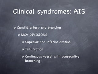 Clinical syndromes: AIS

 Carotid artery and branches

   MCA DIVISIONS

     Superior and inferior division

     Trifurcation

     Continuous vessel with consecutive
     branching
 