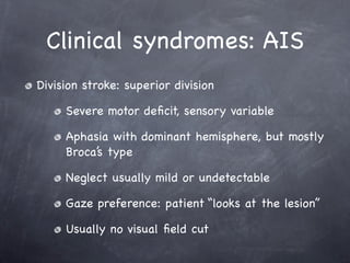 Clinical syndromes: AIS
Division stroke: superior division

     Severe motor deﬁcit, sensory variable

     Aphasia with dominant hemisphere, but mostly
     Broca’s type

     Neglect usually mild or undetectable

     Gaze preference: patient “looks at the lesion”

     Usually no visual ﬁeld cut
 