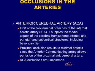 OCCLUSIONS IN THE
ARTERIES
• ANTERIOR CEREBRAL ARTERY (ACA)
 First of the two terminal branches of the internal
carotid artery (ICA). It supplies the medial
aspect of the cerebral hemispheres (frontal and
parietal) and subcortical structures, including
basal ganglia.
 Proximal occlusion results to minimal defects
since the Anterior Communicating artery allows
perfusion of the proximal ant. cerebral artery.
 ACA occlusions are uncommon.
ACA
 