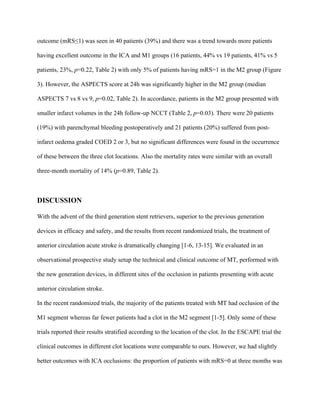 outcome (mRS≤1) was seen in 40 patients (39%) and there was a trend towards more patients
having excellent outcome in the ICA and M1 groups (16 patients, 44% vs 19 patients, 41% vs 5
patients, 23%, p=0.22, Table 2) with only 5% of patients having mRS=1 in the M2 group (Figure
3). However, the ASPECTS score at 24h was significantly higher in the M2 group (median
ASPECTS 7 vs 8 vs 9, p=0.02, Table 2). In accordance, patients in the M2 group presented with
smaller infarct volumes in the 24h follow-up NCCT (Table 2, p=0.03). There were 20 patients
(19%) with parenchymal bleeding postoperatively and 21 patients (20%) suffered from post-
infarct oedema graded COED 2 or 3, but no significant differences were found in the occurrence
of these between the three clot locations. Also the mortality rates were similar with an overall
three-month mortality of 14% (p=0.89, Table 2).
DISCUSSION
With the advent of the third generation stent retrievers, superior to the previous generation
devices in efficacy and safety, and the results from recent randomized trials, the treatment of
anterior circulation acute stroke is dramatically changing [1-6, 13-15]. We evaluated in an
observational prospective study setup the technical and clinical outcome of MT, performed with
the new generation devices, in different sites of the occlusion in patients presenting with acute
anterior circulation stroke.
In the recent randomized trials, the majority of the patients treated with MT had occlusion of the
M1 segment whereas far fewer patients had a clot in the M2 segment [1-5]. Only some of these
trials reported their results stratified according to the location of the clot. In the ESCAPE trial the
clinical outcomes in different clot locations were comparable to ours. However, we had slightly
better outcomes with ICA occlusions: the proportion of patients with mRS=0 at three months was
 
