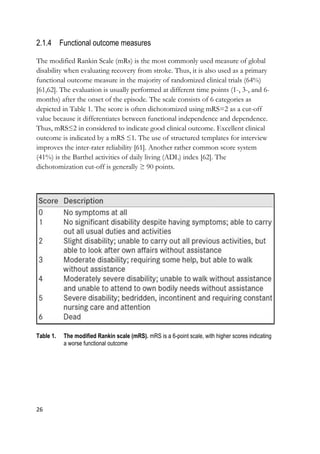 26
2.1.4 Functional outcome measures
The modified Rankin Scale (mRs) is the most commonly used measure of global
disability when evaluating recovery from stroke. Thus, it is also used as a primary
functional outcome measure in the majority of randomized clinical trials (64%)
[61,62]. The evaluation is usually performed at different time points (1-, 3-, and 6-
months) after the onset of the episode. The scale consists of 6 categories as
depicted in Table 1. The score is often dichotomized using mRS=2 as a cut-off
value because it differentiates between functional independence and dependence.
Thus, mRS≤2 in considered to indicate good clinical outcome. Excellent clinical
outcome is indicated by a mRS ≤1. The use of structured templates for interview
improves the inter-rater reliability [61]. Another rather common score system
(41%) is the Barthel activities of daily living (ADL) index [62]. The
dichotomization cut-off is generally ≥ 90 points.
Table 1. The modified Rankin scale (mRS). mRS is a 6-point scale, with higher scores indicating
a worse functional outcome
 