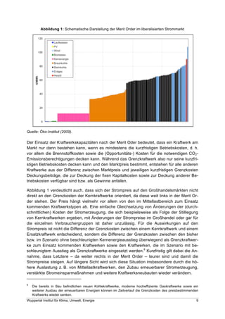 Abbildung 1: Schematische Darstellung der Merit Order im liberalisierten Strommarkt




Quelle: Öko-Institut (2009).

Der Einsatz der Kraftwerkskapazitäten nach der Merit Oder bedeutet, dass ein Kraftwerk am
Markt nur dann bestehen kann, wenn es mindestens die kurzfristigen Betriebskosten, d. h.
vor allem die Brennstoffkosten sowie die (Opportunitäts-) Kosten für die notwendigen CO2-
Emissionsberechtigungen decken kann. Während das Grenzkraftwerk also nur seine kurzfri-
stigen Betriebskosten decken kann und den Marktpreis bestimmt, entstehen für alle anderen
Kraftwerke aus der Differenz zwischen Marktpreis und jeweiligen kurzfristigen Grenzkosten
Deckungsbeiträge, die zur Deckung der fixen Kapitalkosten sowie zur Deckung anderer Be-
triebskosten verfügbar sind bzw. als Gewinne anfallen.

Abbildung 1 verdeutlicht auch, dass sich der Strompreis auf den Großhandelsmärkten nicht
direkt an den Grenzkosten der Kernkraftwerke orientiert, da diese weit links in der Merit Or-
der stehen. Der Preis hängt vielmehr vor allem von den im Mittellastbereich zum Einsatz
kommenden Kraftwerkstypen ab. Eine einfache Gleichsetzung von Änderungen der (durch-
schnittlichen) Kosten der Stromerzeugung, die sich beispielsweise als Folge der Stilllegung
von Kernkraftwerken ergeben, mit Änderungen der Strompreise im Großhandel oder gar für
die einzelnen Verbrauchergruppen ist daher unzulässig. Für die Auswirkungen auf den
Strompreis ist nicht die Differenz der Grenzkosten zwischen einem Kernkraftwerk und einem
Ersatzkraftwerk entscheidend, sondern die Differenz der Grenzkosten zwischen den bisher
bzw. im Szenario ohne beschleunigten Kernenergieausstieg überwiegend als Grenzkraftwer-
ke zum Einsatz kommenden Kraftwerken sowie den Kraftwerken, die im Szenario mit be-
schleunigtem Ausstieg als Grenzkraftwerke eingesetzt werden.6 Kurzfristig gilt dabei die An-
nahme, dass Letztere – da weiter rechts in der Merit Order – teurer sind und damit die
Strompreise steigen. Auf längere Sicht wird sich diese Situation insbesondere durch die hö-
here Auslastung z. B. von Mittellastkraftwerken, den Zubau erneuerbarer Stromerzeugung,
verstärkte Stromeinsparmaßnahmen und weitere Kraftwerksneubauten wieder verändern.

6
    Die bereits in Bau befindlichen neuen Kohlekraftwerke, moderne hocheffiziente Gaskraftwerke sowie ein
    weiterer Ausbau der erneuerbaren Energien können im Zeitverlauf die Grenzkosten des preisbestimmenden
    Kraftwerks wieder senken.
Wuppertal Institut für Klima, Umwelt, Energie                                                          9
 
