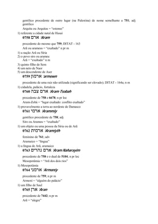 gentílico procedente de outro lugar (na Palestina) de nome semelhante a 751; adj
gentílico
Arquita ou Arquitas = “estenso”
1) referente a cidade natal de Husai
0758 ‫ארם‬ ’Aram
procedente do mesmo que 759; DITAT - 163
Arã ou arameus = “exaltado” n pr m
1) a nação Arã ou Síria
2) o povo siro ou arameu
Arã = “exaltado” n m
3) quinto filho de Sem
4) um neto de Naor
5) um descendente de Aser
0759 ‫ארמון‬ ’armown
procedente de uma raiz não utilizada (significando ser elevado); DITAT - 164a; n m
1) cidadela, palácio, fortaleza
0760 ‫צבה‬ ‫ארם‬ ’Aram Tsobah
procedente de 758 e 6678; n pr loc
Aram-Zobá = “lugar exaltado: conflito exaltado”
1) provavelmente a terra ao nordeste de Damasco
0761 ‫ארמי‬ ’Arammiy
gentílico procedente de 758; adj
Siro ou Arameu = “exaltado”
1) um objeto ou uma pessoa da Síria ou de Arã
0762 ‫ארמית‬ ’Aramiyth
feminino de 761; adv
Aramaico = “língua”
1) a língua de Arã, aramaico
0763 ‫נהרים‬ ‫ארם‬ ’Aram Naharayim
procedente de 758 e o dual de 5104; n pr loc
Mesopotâmia = “Arã dos dois rios”
1) Mesopotâmia
0764 ‫ארמני‬ ’Armoniy
procedente de 759; n pr m
Armoni = “alguém do palácio”
1) um filho de Saul
0765 ‫ארן‬ ’Aran
procedente de 7442; n pr m
Arã = “alegre”
 