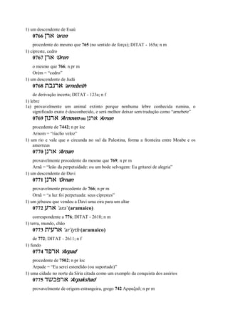 1) um descendente de Esaú
0766 ‫ארן‬ ’oren
procedente do mesmo que 765 (no sentido de força); DITAT - 165a; n m
1) cipreste, cedro
0767 ‫ארן‬ ’Oren
o mesmo que 766; n pr m
Orém = “cedro”
1) um descendente de Judá
0768 ‫ארנבת‬ ’arnebeth
de derivação incerta; DITAT - 123a; n f
1) lebre
1a) provavelmente um animal extinto porque nenhuma lebre conhecida rumina, o
significado exato é desconhecido, e será melhor deixar sem tradução como “arnebete”
0769 ‫ארנון‬ ’Arnown ou ‫ארנן‬ ’Arnon
procedente de 7442; n pr loc
Arnom = “riacho veloz”
1) um rio e vale que o circunda no sul da Palestina, forma a fronteira entre Moabe e os
amorreus
0770 ‫ארנן‬ ’Arnan
provavelmente procedente do mesmo que 769; n pr m
Arnã = “leão da perpetuidade: ou um bode selvagem: Eu gritarei de alegria”
1) um descendente de Davi
0771 ‫ארנן‬ ’Ornan
provavelmente procedente de 766; n pr m
Ornã = “a luz foi perpetuada: seus ciprestes”
1) um jebuseu que vendeu a Davi uma eira para um altar
0772 ‫ארע‬ ’ara ̀ (aramaico)
correspondente a 776; DITAT - 2610; n m
1) terra, mundo, chão
0773 ‫ארעית‬ ’ar ̀iyth (aramaico)
de 772; DITAT - 2611; n f
1) fundo
0774 ‫ארפד‬ ’Arpad
procedente de 7502; n pr loc
Arpade = “Eu serei estendido (ou suportado)”
1) uma cidade no norte da Síria citada como um exemplo da conquista dos assírios
0775 ‫ארפכשד‬ ’Arpakshad
provavelmente de origem estrangeira, grego 742 Αρφαξαδ; n pr m
 