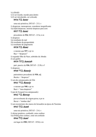 1c) (Hofal)
1c1) ser trazido, trazido para dentro
1c2) ser introduzido, ser colocado
0936 ‫בוז‬ buwz
uma raiz primitiva; DITAT - 213; v
1) desprezar, menosprezar, considerar insignificante
1a) (Qal) desprezar, mostrar desprezo para com
0937 ‫בוז‬ buwz
procedente de 936; DITAT - 213a; n m
1) desprezo
1a) resultante do mal
1b) resultante da prosperidade
1c) resultante do julgamento
0938 ‫בוז‬ Buwz
o mesmo que 937; n pr m
Buz = “desprezo”
1) segundo filho de Naor, sobrinho de Abraão
2) um gadita
0939 ‫בוזה‬ buwzah
part. passivo de 936; DITAT - 213b; n f
1) desprezo
0940 ‫בוזי‬ Buwziy
patronímico procedente de 938; adj
Buzita = “desprezo”
1) um dos antepassados de Eliú
0941 ‫בוזי‬ Buwziy
o mesmo que 940; n pr m
Buzi = “meu desprezo”
1) pai de Ezequiel (ou antepassado)
0942 ‫בוי‬ Bavvay
provavelmente de origem persa; n pr m
Bavai = “minhas idas”
1) um reconstrutor dos muros de Jerusalém na época de Neemias
0943 ‫בוך‬ buwk
uma raiz primitiva; DITAT - 214; v
1) deixar perplexo, confundir, estar confuso
1a) (Nifal) estar confuso, estar em confusão
0944 ‫בול‬ buwl
em lugar de 2981; DITAT - 835d; n m
 