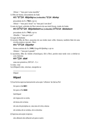 Abisur = “meu pai é uma muralha”
1) filho de Samai, descendente de Judá
052 ‫אבישי‬ ’Abiyshay ou (reduzido) ‫אבשׂי‬ ’Abshay
procedente de 1 e 7862; n pr m
Abisai = “meu pai é Jessé” ou “meu pai é um dom”
1) neto de Jessé, sobrinho de Davi através da sua irmã Zeruia, irmão de Joabe
053 ‫אבישלום‬ ’Abiyshalowm ou (reduzido) ‫אבשׂלום‬ ’Abshalowm
procedente de 1 e 7965; n pr m
Absalão = “meu pai é paz”
1) sogro de Roboão
2) terceiro filho de Davi, assassino do seu irmão mais velho Amnom, também líder de uma
revolta contra o seu pai - Davi
054 ‫אביתר‬ ’Ebyathar
forma contrata de 1 e 3498, Grego 8 Αβιαθαρ; n pr m
Abiatar = “meu pai é grande”
1) sacerdote, filho de Aitube (Aimeleque), fiel a Davi, porém mais tarde veio a rebelar-se
com Adonias
055 ‫אבך‬ ’abak
uma raiz primitiva; DITAT - 5; v
1) rolar, virar
1a) (Hitpael) rolar, retornar, encapelar-se
Hitpael
Hitpael
1) Essa forma expressa basicamente uma ação “reflexiva” de Qal ou Piel
Ver para o Qal 8851
Ver para o Piel 8840
Qal Hitpael
ele trajava ele se vestiu
ele lavou ele se lavou
ele caiu ele preciptou-se, caiu caiu em cima, atacou
ele vendeu ele se vendeu, ele se devotou
2) Expressa uma ação recíproca.
eles olharam eles olharam um para o outro
 