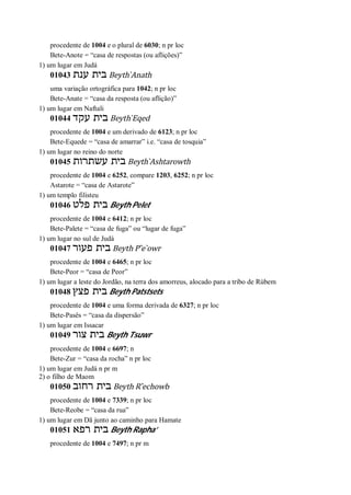 procedente de 1004 e o plural de 6030; n pr loc
Bete-Anote = “casa de respostas (ou aflições)”
1) um lugar em Judá
01043 ‫ענת‬ ‫בית‬ Beyth ̀Anath
uma variação ortográfica para 1042; n pr loc
Bete-Anate = “casa da resposta (ou aflição)”
1) um lugar em Naftali
01044 ‫עקד‬ ‫בית‬ Beyth ̀Eqed
procedente de 1004 e um derivado de 6123; n pr loc
Bete-Equede = “casa de amarrar” i.e. “casa de tosquia”
1) um lugar no reino do norte
01045 ‫עשתרות‬ ‫בית‬ Beyth ̀Ashtarowth
procedente de 1004 e 6252, compare 1203, 6252; n pr loc
Astarote = “casa de Astarote”
1) um templo filisteu
01046 ‫פלט‬ ‫בית‬ Beyth Pelet
procedente de 1004 e 6412; n pr loc
Bete-Palete = “casa de fuga” ou “lugar de fuga”
1) um lugar no sul de Judá
01047 ‫פעור‬ ‫בית‬ Beyth P ̂e ̀owr
procedente de 1004 e 6465; n pr loc
Bete-Peor = “casa de Peor”
1) um lugar a leste do Jordão, na terra dos amorreus, alocado para a tribo de Rúbem
01048 ‫פצץ‬ ‫בית‬ Beyth Patstsets
procedente de 1004 e uma forma derivada de 6327; n pr loc
Bete-Pasês = “casa da dispersão”
1) um lugar em Issacar
01049 ‫צור‬ ‫בית‬ Beyth Tsuwr
procedente de 1004 e 6697; n
Bete-Zur = “casa da rocha” n pr loc
1) um lugar em Judá n pr m
2) o filho de Maom
01050 ‫רחוב‬ ‫בית‬ Beyth R ̂echowb
procedente de 1004 e 7339; n pr loc
Bete-Reobe = “casa da rua”
1) um lugar em Dã junto ao caminho para Hamate
01051 ‫רפא‬ ‫בית‬ Beyth Rapha’
procedente de 1004 e 7497; n pr m
 