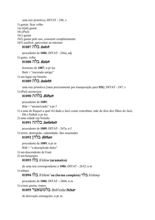 uma raiz primitiva; DITAT - 246; v
1) gastar, ficar velho
1a) (Qal) gastar
1b) (Piel)
1b1) gastar
1b2) gastar pelo uso, consumir completamente
1b3) usufruir, aproveitar ao máximo
01087 ‫בלה‬ baleh
procedente de 1086; DITAT - 246a; adj
1) gasto, velho
01088 ‫בלה‬ Balah
feminino de 1087; n pr loc
Balá = “encerado antigo”
1) um lugar em Simeão
01089 ‫בלה‬ balahh
uma raiz primitiva [mais precisamente por transposição para 926]; DITAT - 247; v
1) (Piel) atemorizar
01090 ‫בלהה‬ Bilhah
procedente de 1089;
Bila = “atemorizado” n pr f
1) a ama de Raquel a qual foi dada a Jacó como concubina, mãe de dois dos filhos de Jacó,
Dã e Naftali n pr loc
2) uma cidade em Simeão
01091 ‫בלהה‬ ballahah
procedente de 1089; DITAT - 247a; n f
1) terror, destruição, calamidade, fato assustador
01092 ‫בלהן‬ Bilhan
procedente de 1089; n pr m
Bilã = “a decrepitude deles”
1) um descendente de Esaú
2) um benjamita
01093 ‫בלו‬ b ̂elow (aramaico)
de uma raiz correspondente a 1086; DITAT - 2632; n m
1) tributo
01094 ‫בלו‬ b ̂elow’ ou (forma completa) ‫בלוי‬ b ̂elowy
procedente de 1086; DITAT - 246b; n m
1) coisas gastas, trapos
01095 ‫בלטשאצר‬ Belt ̂esha’tstsar
de derivação estrangeira; n pr m
 