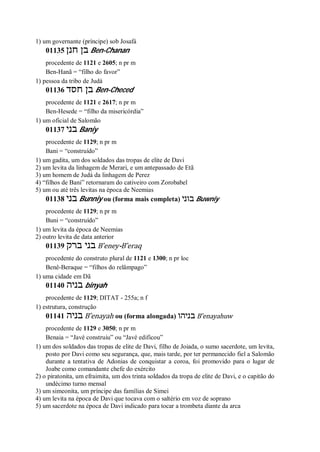 1) um governante (príncipe) sob Josafá
01135 ‫חנן‬ ‫בן‬ Ben-Chanan
procedente de 1121 e 2605; n pr m
Ben-Hanã = “filho do favor”
1) pessoa da tribo de Judá
01136 ‫חסד‬ ‫בן‬ Ben-Checed
procedente de 1121 e 2617; n pr m
Ben-Hesede = “filho da misericórdia”
1) um oficial de Salomão
01137 ‫בני‬ Baniy
procedente de 1129; n pr m
Bani = “construído”
1) um gadita, um dos soldados das tropas de elite de Davi
2) um levita da linhagem de Merari, e um antepassado de Etã
3) um homem de Judá da linhagem de Perez
4) “filhos de Bani” retornaram do cativeiro com Zorobabel
5) um ou até três levitas na época de Neemias
01138 ‫בני‬ Bunniy ou (forma mais completa) ‫בוני‬ Buwniy
procedente de 1129; n pr m
Buni = “construído”
1) um levita da época de Neemias
2) outro levita de data anterior
01139 ‫ברק‬ ‫בני‬ B ̂eney-B ̂eraq
procedente do construto plural de 1121 e 1300; n pr loc
Benê-Beraque = “filhos do relâmpago”
1) uma cidade em Dã
01140 ‫בניה‬ binyah
procedente de 1129; DITAT - 255a; n f
1) estrutura, construção
01141 ‫בניה‬ B ̂enayah ou (forma alongada) ‫בניהו‬ B ̂enayahuw
procedente de 1129 e 3050; n pr m
Benaia = “Javé construiu” ou “Javé edificou”
1) um dos soldados das tropas de elite de Davi, filho de Joiada, o sumo sacerdote, um levita,
posto por Davi como seu segurança, que, mais tarde, por ter permanecido fiel a Salomão
durante a tentativa de Adonias de conquistar a coroa, foi promovido para o lugar de
Joabe como comandante chefe do exército
2) o piratonita, um efraimita, um dos trinta soldados da tropa de elite de Davi, e o capitão do
undécimo turno mensal
3) um simeonita, um príncipe das famílias de Simei
4) um levita na época de Davi que tocava com o saltério em voz de soprano
5) um sacerdote na época de Davi indicado para tocar a trombeta diante da arca
 