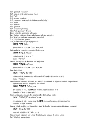 1a3) queimar, consumir
1a4) a ira de Javé, a ira humana (fig.)
1b) (Piel)
1b1) acender, queimar
1b2) consumir, remover (referindo-se a culpa) (fig.)
1c) (Hifil)
1c1) acender
1c2) queimar
1c3) consumir (destruir)
1d) (Pual) queimar v denom
2) ser estúpido, ignorante, selvagem
2a) (Qal) ser estúpido, de coração insensível, não receptivo
2b) (Nifal) ser estúpido, de coração insensível
2c) (Piel) alimentar, pastar
2d) (Hifil) fazer com que seja pastado
01198 ‫בער‬ ba ̀ar
procedente de 1197; DITAT - 264b; n m
1) ignorância, estupidez, embrutecido (pessoa)
01199 ‫בערא‬ Ba ̀ara’
procedente de 1198; n pr f
Baara = “bruto”
1) uma das esposas de Saaraim, um benjamita
01200 ‫בערה‬ b ̂e ̀erah
procedente de 1197; DITAT - 263a; n f
1) ardente, fogo
01201 ‫בעשה‬ Ba ̀sha’
procedente de uma raiz não utilizada significando cheirar mal; n pr m
Baasa = “ímpio”
1) terceiro rei do reino de Israel, no norte, e o fundador da segunda dinastia daquele reino
depois de ter matado o segundo rei, Nadabe
01202 ‫בעשיה‬ Ba ̀aseyah
procedente de 6213 e 3050 com prefixo preposicional; n pr m
Baaséias = “a serviço de Javé”
1) um levita gersonita, um dos antepassados de Asafe, o cantor
01203 ‫בעשתרה‬ B ̂e ̀esht ̂erah
procedente de 6251 (como sing. de 6252) com prefixo preposicional; n pr loc
Beesterá = “com aumento”
1) uma cidade levítica em Manassés, a leste do Jordão; provavelmente idêntica a ’Astarote’
01204 ‫בעת‬ ba ̀ath
uma raiz primitiva; DITAT - 265; v
1) aterrorizar, espantar, cair sobre, desalentar, ser tomado de súbito terror
1a) (Nifal) ser atemorizado
 