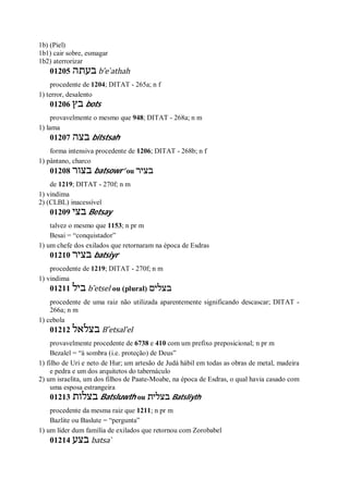 1b) (Piel)
1b1) cair sobre, esmagar
1b2) aterrorizar
01205 ‫בעתה‬ b ̂e ̀athah
procedente de 1204; DITAT - 265a; n f
1) terror, desalento
01206 ‫בץ‬ bots
provavelmente o mesmo que 948; DITAT - 268a; n m
1) lama
01207 ‫בצה‬ bitstsah
forma intensiva procedente de 1206; DITAT - 268b; n f
1) pântano, charco
01208 ‫בצור‬ batsowr’ ou ‫בציר‬
de 1219; DITAT - 270f; n m
1) vindima
2) (CLBL) inacessível
01209 ‫בצי‬ Betsay
talvez o mesmo que 1153; n pr m
Besai = “conquistador”
1) um chefe dos exilados que retornaram na época de Esdras
01210 ‫בציר‬ batsiyr
procedente de 1219; DITAT - 270f; n m
1) vindima
01211 ‫ביל‬ b ̂etsel ou (plural) ‫בצלים‬
procedente de uma raiz não utilizada aparentemente significando descascar; DITAT -
266a; n m
1) cebola
01212 ‫בצלאל‬ B ̂etsal’el
provavelmente procedente de 6738 e 410 com um prefixo preposicional; n pr m
Bezalel = “à sombra (i.e. proteção) de Deus”
1) filho de Uri e neto de Hur; um artesão de Judá hábil em todas as obras de metal, madeira
e pedra e um dos arquitetos do tabernáculo
2) um israelita, um dos filhos de Paate-Moabe, na época de Esdras, o qual havia casado com
uma esposa estrangeira
01213 ‫בצלות‬ Batsluwth ou ‫בצלית‬ Batsliyth
procedente da mesma raiz que 1211; n pr m
Bazlite ou Baslute = “pergunta”
1) um líder dum família de exilados que retornou com Zorobabel
01214 ‫בצע‬ batsa ̀
 