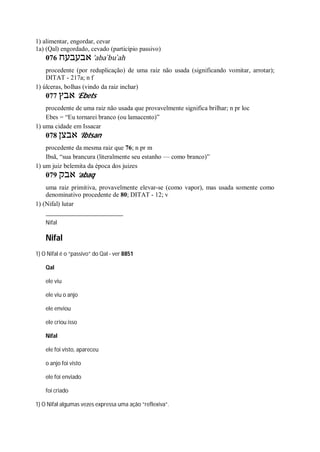 1) alimentar, engordar, cevar
1a) (Qal) engordado, cevado (particípio passivo)
076 ‫אבעבעח‬ ’aba ̀bu ̀ah
procedente (por reduplicação) de uma raiz não usada (significando vomitar, arrotar);
DITAT - 217a; n f
1) úlceras, bolhas (vindo da raiz inchar)
077 ‫אבץ‬ ’Ebets
procedente de uma raiz não usada que provavelmente significa brilhar; n pr loc
Ebes = “Eu tornarei branco (ou lamacento)”
1) uma cidade em Issacar
078 ‫אבצן‬ ’Ibtsan
procedente da mesma raiz que 76; n pr m
Ibsã, “sua brancura (literalmente seu estanho — como branco)”
1) um juiz belemita da época dos juizes
079 ‫אבק‬ ’abaq
uma raiz primitiva, provavelmente elevar-se (como vapor), mas usada somente como
denominativo procedente de 80; DITAT - 12; v
1) (Nifal) lutar
Nifal
Nifal
1) O Nifal é o “passivo” do Qal - ver 8851
Qal
ele viu
ele viu o anjo
ele enviou
ele criou isso
Nifal
ele foi visto, apareceu
o anjo foi visto
ele foi enviado
foi criado
1) O Nifal algumas vezes expressa uma ação “reflexiva”.
 