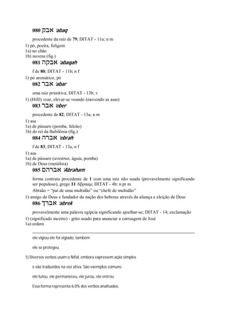 080 ‫אבק‬ ’abaq
procedente da raiz de 79; DITAT - 11a; n m
1) pó, poeira, fuligem
1a) no chão
1b) nuvens (fig.)
081 ‫אבקה‬ ’abaqah
f de 80; DITAT - 11b; n f
1) pó aromático, pó
082 ‫אבר‬ ’abar
uma raiz primitiva; DITAT - 13b; v
1) (Hifil) voar, elevar-se voando (movendo as asas)
083 ‫אבר‬ ’eber
procedente de 82; DITAT - 13a; n m
1) asa
1a) de pássaro (pomba, falcão)
1b) do rei da Babilônia (fig.)
084 ‫אברה‬ ’ebrah
f de 83; DITAT - 13a; n f
1) asa
1a) de pássaro (avestruz, águia, pomba)
1b) de Deus (metáfora)
085 ‫אברהם‬ ’Abraham
forma contrata procedente de 1 com uma raiz não usada (provavelmente significando
ser populoso), grego 11 Αβρααμ; DITAT - 4b; n pr m
Abraão = “pai de uma multidão” ou “chefe de multidão”
1) amigo de Deus e fundador da nação dos hebreus através da aliança e eleição de Deus
086 ‫אברך‬ ’abrek
provavelmente uma palavra egípcia significando ajoelhar-se; DITAT - 14; exclamação
1) (significado incerto) - grito usado para anunciar a carruagem de José
1a) ordem
ele vigiou ele foi vigiado, também
ele se protegeu
1) Diversos verbos usam o Nifal, embora expressem ação simples
e são traduzidos na voz ativa. São exemplos comuns:
ele lutou, ele permaneceu, ele jurou, ele entrou
Essa forma representa 6.0% dos verbos analisados.
 