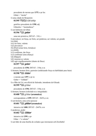 procedente do mesmo que 1375; n pr loc
Gibeá = “monte”
1) uma cidade de Benjamim
01395 ‫גבעתי‬ Gib ̀athiy
gentílico procedente de 1390; adj
Gibeatita = “montanhoso”
1) um habitante de Gibeá
01396 ‫גבר‬ gabar
uma raiz primitiva; DITAT - 310; v
1) prevalecer, ter força, ser forte, ser poderoso, ser valente, ser grande
1a) (Qal)
1a1) ser forte, valente
1a2) prevalecer
1b) (Piel) tornar forte, fortalecer
1c) (Hifil)
1c1) confirmar, dar força
1c2) confirmar (uma aliança)
1d) (Hitpael)
1d1) mostrar-se valente
1d2) agir orgulhosamentre (diante de Deus)
01397 ‫גבר‬ geber
procedente de 1396; DITAT - 310a; n m
1) homem, homem forte, guerreiro (enfatizando força ou habilidade para lutar)
01398 ‫גבר‬ Geber
o mesmo que 1397; n pr m
Geber = “soldado”
1) o filho de Uri, um oficial de Salomão, intendente de Gileade
01399 ‫גבר‬ g ̂ebar
procedente de 1396; DITAT - 310a; n m
1) homem, homem (referindo-se a integridade)
01400 ‫גבר‬ g ̂ebar (aramaico)
correspondente a 1399; DITAT - 2647a; n m
1) um homem, uma certa (pessoa)
01401 ‫גבר‬ gibbar (aramaico)
intensivo de 1400; DITAT - 2647b; n m
1) poderoso, poder
01402 ‫גבר‬ Gibbar
intensivo de 1399; n pr
Gibar = “o valente”
1) um líder de uma família de exilados que retornaram sob Zorobabel
 
