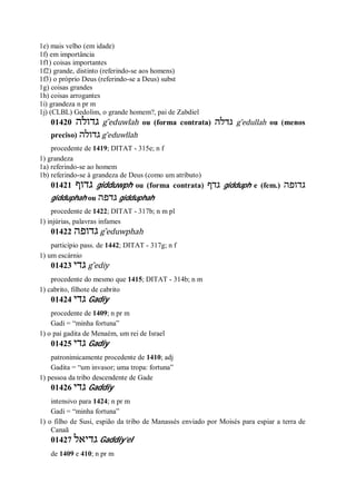 1e) mais velho (em idade)
1f) em importância
1f1) coisas importantes
1f2) grande, distinto (referindo-se aos homens)
1f3) o próprio Deus (referindo-se a Deus) subst
1g) coisas grandes
1h) coisas arrogantes
1i) grandeza n pr m
1j) (CLBL) Gedolim, o grande homem?, pai de Zabdiel
01420 ‫גדולה‬ g ̂eduwlah ou (forma contrata) ‫גדלה‬ g ̂edullah ou (menos
preciso) ‫גדולה‬ g ̂eduwllah
procedente de 1419; DITAT - 315e; n f
1) grandeza
1a) referindo-se ao homem
1b) referindo-se à grandeza de Deus (como um atributo)
01421 ‫גדוף‬ gidduwph ou (forma contrata) ‫גדף‬ gidduph e (fem.) ‫גדופה‬
gidduphah ou ‫גדפה‬ gidduphah
procedente de 1422; DITAT - 317b; n m pl
1) injúrias, palavras infames
01422 ‫גדופה‬ g ̂eduwphah
particípio pass. de 1442; DITAT - 317g; n f
1) um escárnio
01423 ‫גדי‬ g ̂ediy
procedente do mesmo que 1415; DITAT - 314b; n m
1) cabrito, filhote de cabrito
01424 ‫גדי‬ Gadiy
procedente de 1409; n pr m
Gadi = “minha fortuna”
1) o pai gadita de Menaém, um rei de Israel
01425 ‫גדי‬ Gadiy
patronimicamente procedente de 1410; adj
Gadita = “um invasor; uma tropa: fortuna”
1) pessoa da tribo descendente de Gade
01426 ‫גדי‬ Gaddiy
intensivo para 1424; n pr m
Gadi = “minha fortuna”
1) o filho de Susi, espião da tribo de Manassés enviado por Moisés para espiar a terra de
Canaã
01427 ‫גדיאל‬ Gaddiy’el
de 1409 e 410; n pr m
 