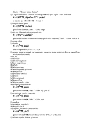 Gadiel = “Deus é minha fortuna”
1) o espião da tribo de Zebulom enviado por Moisés para espiar a terra de Canaã
01428 ‫גדיה‬ gidyah ou ‫גדיה‬ gadyah
o mesmo que 1415; DITAT - 314a; n f
1) margem do rio, praia
01429 ‫גדיה‬ g ̂ediyah
procedente de 1423; DITAT - 314c; n f pl
1) cabritas, filhotes femininos de cabritos
01430 ‫גדיש‬ gadiysh
procedente de uma raiz não utilizada (significando empilhar); DITAT - 319a, 320a; n m
1) monte, pilha
2) túmulo
01431 ‫גדל‬ gadal
uma raiz primitiva; DITAT - 315; v
1) crescer, tornar-se grande ou importante, promover, tornar poderoso, louvar, magnificar,
realizar coisas grandes
1a) (Qal)
1a1) crescer
1a2) tornar-se grande
1a3) ser magnificado
1b) (Piel)
1b1) fazer crescer
1b2) tornar grande, poderoso
1b3) magnificar
1c) (Pual) ser educado
1d) (Hifil)
1d1) tornar grande
1d2) magnificar
1d3) fazer grandes coisas
1e) (Hitpael) magnificar-se
01432 ‫גדל‬ gadel
procedente de 1431; DITAT - 315a; adj / part m
1) tornando-se grande, crescendo
01433 ‫גדל‬ godel
procedente de 1431; DITAT - 315b; n m
1) grandeza
1a) grandeza, magnitude
1b) magnificência
1c) orgulho, insolência (mau sentido)
01434 ‫גדל‬ g ̂edil
procedente de 1431 (no sentido de torcer) - DITAT - 315c; n m
1) linhas trançadas, borlas, grinaldas
 
