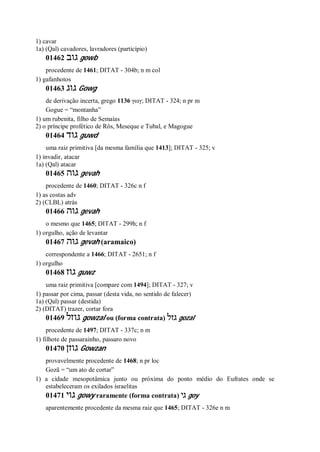 1) cavar
1a) (Qal) cavadores, lavradores (particípio)
01462 ‫גוב‬ gowb
procedente de 1461; DITAT - 304b; n m col
1) gafanhotos
01463 ‫גוג‬ Gowg
de derivação incerta, grego 1136 γωγ; DITAT - 324; n pr m
Gogue = “montanha”
1) um rubenita, filho de Semaías
2) o príncipe profético de Rôs, Meseque e Tubal, e Magogue
01464 ‫גוד‬ guwd
uma raiz primitiva [da mesma família que 1413]; DITAT - 325; v
1) invadir, atacar
1a) (Qal) atacar
01465 ‫גוה‬ gevah
procedente de 1460; DITAT - 326c n f
1) as costas adv
2) (CLBL) atrás
01466 ‫גוה‬ gevah
o mesmo que 1465; DITAT - 299h; n f
1) orgulho, ação de levantar
01467 ‫גוה‬ gevah (aramaico)
correspondente a 1466; DITAT - 2651; n f
1) orgulho
01468 ‫גוז‬ guwz
uma raiz primitiva [compare com 1494]; DITAT - 327; v
1) passar por cima, passar (desta vida, no sentido de falecer)
1a) (Qal) passar (destida)
2) (DITAT) trazer, cortar fora
01469 ‫גוזל‬ gowzal ou (forma contrata) ‫גזל‬ gozal
procedente de 1497; DITAT - 337c; n m
1) filhote de passarainho, passaro novo
01470 ‫גוזן‬ Gowzan
provavelmente procedente de 1468; n pr loc
Gozã = “um ato de cortar”
1) a cidade mesopotâmica junto ou próxima do ponto médio do Eufrates onde se
estabeleceram os exilados israelitas
01471 ‫גוי‬ gowy raramente (forma contrata) ‫גי‬ goy
aparentemente procedente da mesma raiz que 1465; DITAT - 326e n m
 