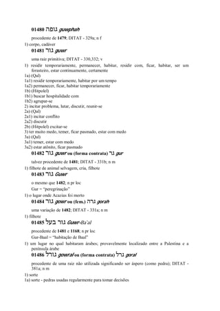 01480 ‫גופה‬ guwphah
procedente de 1479; DITAT - 329a; n f
1) corpo, cadáver
01481 ‫גור‬ guwr
uma raiz primitiva; DITAT - 330,332; v
1) residir temporariamente, permanecer, habitar, residir com, ficar, habitar, ser um
forasteiro, estar continuamente, certamente
1a) (Qal)
1a1) residir temporariamente, habitar por um tempo
1a2) permanecer, ficar, habitar temporariamente
1b) (Hitpolel)
1b1) buscar hospitalidade com
1b2) agrupar-se
2) incitar problema, lutar, discutir, reunir-se
2a) (Qal)
2a1) incitar conflito
2a2) discutir
2b) (Hitpolel) excitar-se
3) ter muito medo, temer, ficar pasmado, estar com medo
3a) (Qal)
3a1) temer, estar com medo
3a2) estar atônito, ficar pasmado
01482 ‫גור‬ guwr ou (forma contrata) ‫גר‬ gur
talvez procedente de 1481; DITAT - 331b; n m
1) filhote de animal selvagem, cria, filhote
01483 ‫גור‬ Guwr
o mesmo que 1482; n pr loc
Gur = “peregrinação”
1) o lugar onde Acazias foi morto
01484 ‫גור‬ gowr ou (fem.) ‫גרה‬ gorah
uma variação de 1482; DITAT - 331a; n m
1) filhote
01485 ‫בעל‬ ‫גור‬ Guwr-Ba ̀al
procedente de 1481 e 1168; n pr loc
Gur-Baal = “habitação de Baal”
1) um lugar no qual habitaram árabes; provavelmente localizado entre a Palestina e a
península árabe
01486 ‫גורל‬ gowral ou (forma contrata) ‫גרל‬ goral
procedente de uma raiz não utilizada significando ser áspero (como pedra); DITAT -
381a; n m
1) sorte
1a) sorte - pedras usadas regularmente para tomar decisões
 