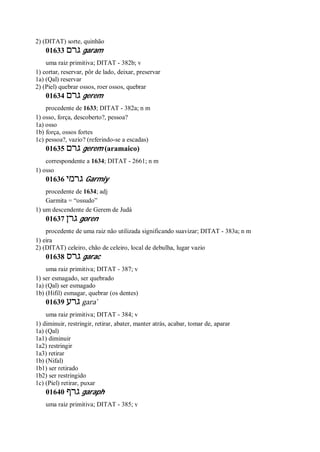 2) (DITAT) sorte, quinhão
01633 ‫גרם‬ garam
uma raiz primitiva; DITAT - 382b; v
1) cortar, reservar, pôr de lado, deixar, preservar
1a) (Qal) reservar
2) (Piel) quebrar ossos, roer ossos, quebrar
01634 ‫גרם‬ gerem
procedente de 1633; DITAT - 382a; n m
1) osso, força, descoberto?, pessoa?
1a) osso
1b) força, ossos fortes
1c) pessoa?, vazio? (referindo-se a escadas)
01635 ‫גרם‬ gerem (aramaico)
correspondente a 1634; DITAT - 2661; n m
1) osso
01636 ‫גרמי‬ Garmiy
procedente de 1634; adj
Garmita = “ossudo”
1) um descendente de Gerem de Judá
01637 ‫גרן‬ goren
procedente de uma raiz não utilizada significando suavizar; DITAT - 383a; n m
1) eira
2) (DITAT) celeiro, chão de celeiro, local de debulha, lugar vazio
01638 ‫גרס‬ garac
uma raiz primitiva; DITAT - 387; v
1) ser esmagado, ser quebrado
1a) (Qal) ser esmagado
1b) (Hifil) esmagar, quebrar (os dentes)
01639 ‫גרע‬ gara ̀
uma raiz primitiva; DITAT - 384; v
1) diminuir, restringir, retirar, abater, manter atrás, acabar, tomar de, aparar
1a) (Qal)
1a1) diminuir
1a2) restringir
1a3) retirar
1b) (Nifal)
1b1) ser retirado
1b2) ser restringido
1c) (Piel) retirar, puxar
01640 ‫גרף‬ garaph
uma raiz primitiva; DITAT - 385; v
 