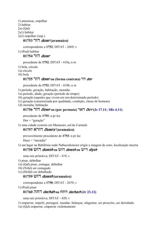 1) amontoar, empilhar
2) habitar
2a) (Qal)
2a1) habitar
2a2) empilhar (imp.)
01753 ‫דור‬ duwr (aramaico)
correspondente a 1752; DITAT - 2669; v
1) (Peal) habitar
01754 ‫דור‬ duwr
procedente de 1752; DITAT - 418a; n m
1) bola, círculo
1a) círculo
1b) bola
01755 ‫דור‬ dowr ou (forma contrata) ‫דר‬ dor
procedente de 1752; DITAT - 418b; n m
1) período, geração, habitação, moradia
1a) período, idade, geração (período de tempo)
1b) geração (aqueles que vivem em um determinado período)
1c) geração (caracterizada por qualidade, condição, classe de homens)
1d) moradia, habitação
01756 ‫דור‬ Dowr ou (por permuta) ‫דאר‬ Do’r (Js 17.11; 1Rs 4.11)
procedente de 1755; n pr loc
Dor = “geração”
1) uma cidade costeira em Manassés, sul do Carmelo
01757 ‫דורא‬ Duwra’ (aramaico)
provavelmente procedente de 1753; n pr loc
Dura = “moradia”
1) um lugar na Babilônia onde Nabucodonosor erigiu a imagem de ouro, localização incerta
01758 ‫דוש‬ duwsh ou ‫דושׂ‬ dowsh ou ‫דישׂ‬ diysh
uma raiz primitiva; DITAT - 419; v
1) pisar, debulhar
1a) (Qal) pisar, esmagar, debulhar
1b) (Nifal) ser esmagado
1c) (Hofal) ser debulhado
01759 ‫דוש‬ duwsh (aramaico)
correspondente a 1758; DITAT - 2670; v
1) (Peal) pisar
01760 ‫דחה‬ dachah ou ‫דחח‬ dachach (Jr 23.12)
uma raiz primitiva; DITAT - 420; v
1) empurrar, impelir, perseguir, inundar, balançar, afugentar, ser proscrito, ser derrubado
1a) (Qal) empurrar, empurrar violentamente
 