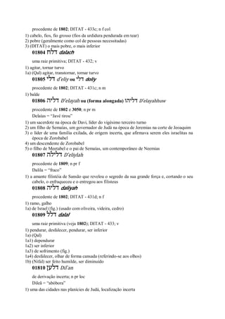 procedente de 1802; DITAT - 433c; n f col
1) cabelo, fios, fio grosso (fios da urdidura pendurada em tear)
2) pobre (geralmente como col de pessoas necessitadas)
3) (DITAT) o mais pobre, o mais inferior
01804 ‫דלח‬ dalach
uma raiz primitiva; DITAT - 432; v
1) agitar, tornar turvo
1a) (Qal) agitar, transtornar, tornar turvo
01805 ‫דלי‬ d ̂eliy ou ‫דלי‬ doliy
procedente de 1802; DITAT - 431c; n m
1) balde
01806 ‫דליה‬ D ̂elayah ou (forma alongada) ‫דליהו‬ D ̂elayahhuw
procedente de 1802 e 3050; n pr m
Delaías = “Javé tirou”
1) um sacerdote na época de Davi, líder do vigésimo terceiro turno
2) um filho de Semaías, um governador de Judá na época de Jeremias na corte de Jeoaquim
3) o líder de uma família exilada, de origem incerta, que afirmava serem eles israelitas na
época de Zorobabel
4) um descendente de Zorobabel
5) o filho de Meetabel e o pai de Semaías, um contemporâneo de Neemias
01807 ‫דלילה‬ D ̂eliylah
procedente de 1809; n pr f
Dalila = “fraco”
1) a amante filistéia de Sansão que revelou o segredo da sua grande força e, cortando o seu
cabelo, o enfraqueceu e o entregou aos filisteus
01808 ‫דליה‬ daliyah
procedente de 1802; DITAT - 431d; n f
1) ramo, galho
1a) de Israel (fig.) (usado com oliveira, videira, cedro)
01809 ‫דלל‬ dalal
uma raiz primitiva (veja 1802); DITAT - 433; v
1) pendurar, desfalecer, pendurar, ser inferior
1a) (Qal)
1a1) dependurar
1a2) ser inferior
1a3) de sofrimento (fig.)
1a4) desfalecer, olhar de forma cansada (referindo-se aos olhos)
1b) (Nifal) ser feito humilde, ser diminuído
01810 ‫דלען‬ Dil ̀an
de derivação incerta; n pr loc
Dileã = “abóbora”
1) uma das cidades nas planícies de Judá, localização incerta
 
