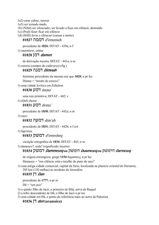 1a2) estar calmo, morrer
1a3) ser tornado mudo
1b) (Nifal) ser silenciado, ser levado a ficar em silêncio, destruído
1c) (Poal) fazer ficar em silêncio
1d) (Hifil) levar a silenciar (causar a morte)
01827 ‫דממה‬ d ̂emamah
procedente de 1826; DITAT - 439a; n f
1) murmúrio, calma
01828 ‫דמן‬ domen
de derivação incerta; DITAT - 441a; n m
1) esterco (sempre de cadáveres) (fig.)
01829 ‫דמנה‬ Dimnah
feminino procedente da mesma raiz que 1828; n pr loc
Dimna = “monte de esterco”
1) uma cidade levítica em Zebulom
01830 ‫דמע‬ dama ̀
uma raiz primitiva; DITAT - 442; v
1) (Qal) chorar
01831 ‫דמע‬ dema ̀
procedente de 1830; DITAT - 442a; n m
1) suco
01832 ‫דמעה‬ dim ̀ah
procedente de 1831; DITAT - 442b; n f col
1) lágrimas
01833 ‫דמשק‬ d ̂emesheq
variação ortográfica de 1834; DITAT - 443; n m
1) damasco?, seda? (significado incerto)
01834 ‫דמשק‬ Dammeseq ou ‫דומשׁק‬ Duwmeseq ou ‫דרמשׁק‬ Darmeseq
de origem estrangeira, grego 1154 δαμασκος; n pr loc
Damasco = “em silêncio está o tecelão de pano de saco”
1) uma antiga cidade comercial, capital da Síria, localizada na planície oriental do Hermom,
205 km (130 milhas) ao nordeste de Jerusalém
01835 ‫דן‬ Dan
procedente de 1777; n pr m
Dã = “um juiz”
1) o quinto filho de Jacó, o primeiro de Bila, serva de Raquel
2) a tribo descendente de Dã, o filho de Jacó n pr loc
3) uma cidade em Dã, o ponto de referência mais ao norte da Palestina
01836 ‫דן‬ den (aramaico)
 
