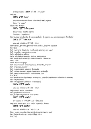 correspondente a 2220; DITAT - 2682a; n f
1) braço
01873 ‫דרע‬ Dara ̀
provavelmente uma forma contrata de 1862; n pr m
Dara = “o braço”
1) um filho de Zera
01874 ‫דרקון‬ Darqown
de derivação incerta; n pr m
Darcom = “espalhador”
1) o líder de uma família de servos exilados do templo que retornaram com Zorobabel
01875 ‫דרש‬ darash
uma raiz primitiva; DITAT - 455; v
1) recorrer a, procurar, procurar com cuidado, inquirir, requerer
1a) (Qal)
1a1) recorrer a, freqüentar (um lugar), (pisar em um lugar)
1a2) consultar, inquirir de, procurar
1a2a) referindo-se a Deus
1a2b) referindo-se a deuses pagãos, necromantes
1a3) buscar a divindade por meio de oração e adoração
1a3a) Deus
1a3b) divindades pagãs
1a4) procurar (com uma exigência), demandar, requerer
1a5) investigar, inquirir
1a6) perguntar por, requerer, demandar
1a7) praticar, estudar, seguir, buscar com aplicação
1a8) procurar com cuidado, preocupar-se com
1b) (Nifal)
1b1) permitir que alguém seja interrogado, consultado (somente referindo-se a Deus)
1b2) ser procurado
1b3) ser requerido (referindo-se a sangue)
01876 ‫דשא‬ dasha
uma raiz primitiva; DITAT - 456; v
1) germinar, brotar, reverdecer
1a) (Qal) brotar, reverdecer
1b) (Hifil) fazer germinar, fazer brotar
01877 ‫דשא‬ deshe’
procedente de 1876; DITAT - 456a; n m
1) grama, grama nova, erva verde, vegetação, jovem
01878 ‫דשן‬ dashen
uma raiz primitiva; DITAT - 457; v
1) ser gordo, engordar, ficar gordo, tornar próspero, ungir
1a) (Qal) referindo-se a prosperidade (fig.)
1b) (Piel)
 