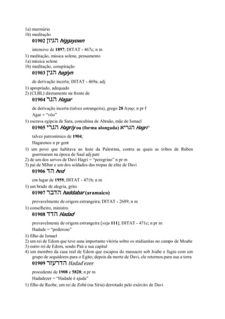 1a) murmúrio
1b) meditação
01902 ‫הגיון‬ higgayown
intensivo de 1897; DITAT - 467c; n m
1) meditação, música solene, pensamento
1a) música solene
1b) meditação, conspiração
01903 ‫הגין‬ hagiyn
de derivação incerta; DITAT - 469a; adj
1) apropriado, adequado
2) (CLBL) diretamente na frente de
01904 ‫הגר‬ Hagar
de derivação incerta (talvez estrangeira), grego 28 Αγαρ; n pr f
Agar = “vôo”
1) escrava egípcia de Sara, concubina de Abraão, mãe de Ismael
01905 ‫הגרי‬ Hagriy ou (forma alongada) ‫הגריא‬ Hagri’
talvez patronímico de 1904;
Hagarenos n pr gent
1) um povo que habitava ao leste da Palestina, contra as quais as tribos de Rúben
guerrearam na época de Saul adj patr
2) de um dos servos de Davi Hagri = “peregrino” n pr m
3) pai de Mibar e um dos soldados das tropas de elite de Davi
01906 ‫הד‬ hed
em lugar de 1959; DITAT - 471b; n m
1) um brado de alegria, grito
01907 ‫הדבר‬ haddabar (aramaico)
provavelmente de origem estrangeira; DITAT - 2689; n m
1) conselheiro, ministro
01908 ‫הדד‬ Hadad
provavelmente de origem estrangeira [veja 111]; DITAT - 471c; n pr m
Hadade = “poderoso”
1) filho de Ismael
2) um rei de Edom que teve uma importante vitória sobre os midianitas no campo de Moabe
3) outro rei de Edom, sendo Paú a sua capital
4) um membro da casa real de Edom que escapou do massacre sob Joabe e fugiu com um
grupo de seguidores para o Egito; depois da morte de Davi, ele retornou para sua a terra
01909 ‫הדרעזר‬ Hadad ̀ezer
procedente de 1908 e 5828; n pr m
Hadadezer = “Hadade é ajuda”
1) filho de Reobe, um rei de Zobá (na Síria) derrotado pelo exército de Davi
 