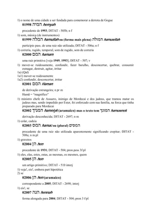 1) o nome de uma cidade a ser fundada para comemorar a derrota de Gogue
01998 ‫המיה‬ hemyah
procedente de 1993; DITAT - 505b; n f
1) som, música (de instrumentos)
01999 ‫המלה‬ hamullah ou (forma mais plena) ‫המולה‬ hamuwllah
particípio pass. de uma raiz não utilizada; DITAT - 506a; n f
1) correria, rugido, temporal, som de rugido, som de correria
02000 ‫המם‬ hamam
uma raiz primitiva [veja 1949, 1993]; DITAT - 507; v
1) mover-se ruidosamente, confundir, fazer barulho, desconcertar, quebrar, consumir
esmagar, destruir, agitar, irritar
1a) (Qal)
1a1) mover-se ruidosamente
1a2) confundir, desconcertar, irritar
02001 ‫המם‬ Haman
de derivação estrangeira; n pr m
Hamã = “magnífico”
1) ministro chefe de Assuero, inimigo de Mordecai e dos judeus, que tramou matar os
judeus mas, sendo impedido por Ester, foi enforcado com sua família, na forca que tinha
preparado para Mordecai
02002 ‫המניך‬ hamniyk (aramaico) mas o texto tem ‫המונך‬ hamuwnek
derivação desconhecida; DITAT - 2697; n m
1) colar, cadeia
02003 ‫המס‬ hamac ou (plural) ‫המסים‬
procedente de uma raiz não utilizada aparentemente significando crepitar; DITAT -
508a; n m pl
1) gravetos
02004 ‫הן‬ hen
procedente de 1931; DITAT - 504; pron pess 3f pl
1) eles, elas, estes, estas, as mesmas, os mesmos, quem
02005 ‫הן‬ hen
um artigo primitivo; DITAT - 510 interj
1) veja!, eis!, embora part hipotética
2) se
02006 ‫הן‬ hen (aramaico)
correspondente a 2005; DITAT - 2698; interj
1) eis!, se
02007 ‫הנה‬ hennah
forma alongada para 2004; DITAT - 504; pron 3 f pl
 