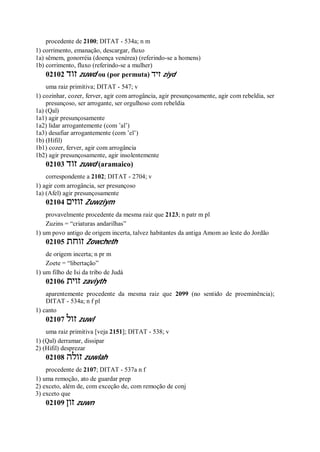 procedente de 2100; DITAT - 534a; n m
1) corrimento, emanação, descargar, fluxo
1a) sêmem, gonorréia (doença venérea) (referindo-se a homens)
1b) corrimento, fluxo (referindo-se a mulher)
02102 ‫זוד‬ zuwd ou (por permuta) ‫זיד‬ ziyd
uma raiz primitiva; DITAT - 547; v
1) cozinhar, cozer, ferver, agir com arrogância, agir presunçosamente, agir com rebeldia, ser
presunçoso, ser arrogante, ser orgulhoso com rebeldia
1a) (Qal)
1a1) agir presunçosamente
1a2) lidar arrogantemente (com ’al’)
1a3) desafiar arrogantemente (com ’el’)
1b) (Hifil)
1b1) cozer, ferver, agir com arrogância
1b2) agir presunçosamente, agir insolentemente
02103 ‫זוד‬ zuwd (aramaico)
correspondente a 2102; DITAT - 2704; v
1) agir com arrogância, ser presunçoso
1a) (Afel) agir presunçosamente
02104 ‫זוזים‬ Zuwziym
provavelmente procedente da mesma raiz que 2123; n patr m pl
Zuzins = “criaturas andarilhas”
1) um povo antigo de origem incerta, talvez habitantes da antiga Amom ao leste do Jordão
02105 ‫זוחת‬ Zowcheth
de origem incerta; n pr m
Zoete = “libertação”
1) um filho de Isi da tribo de Judá
02106 ‫זוית‬ zaviyth
aparentemente procedente da mesma raiz que 2099 (no sentido de proeminência);
DITAT - 534a; n f pl
1) canto
02107 ‫זול‬ zuwl
uma raiz primitiva [veja 2151]; DITAT - 538; v
1) (Qal) derramar, dissipar
2) (Hifil) desprezar
02108 ‫זולה‬ zuwlah
procedente de 2107; DITAT - 537a n f
1) uma remoção, ato de guardar prep
2) exceto, além de, com exceção de, com remoção de conj
3) exceto que
02109 ‫זון‬ zuwn
 