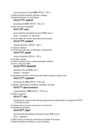 uma raiz primitiva [veja 6695]; DITAT - 543; v
1) (Qal) pressionar, apertar, espremer, esmagar
1a) tapar (referindo-se a uma ferida)
02116 ‫זורה‬ zuwreh
procedente de 2115; DITAT - 543; n m
1) uma coisa que é esmagada
02117 ‫זזא‬ zaza’
provavelmente procedente da raiz de 2123; n pr m
Zaza = “claridade” ou “plenitude”
1) um dos filhos de Jônatas, descendente de Jerameel
02118 ‫זחח‬ zachach
uma raiz primitiva; DITAT - 544; v
1) remover, deslocar
1a) (Nifal) ser removido, ser libertado, ser deslocado
02119 ‫זחל‬ zachal
uma raiz primitiva; DITAT - 545; v
1) encolher, rastejar
1a) (Qal) rastejante, que se arrasta (particípio) (meton)
2) temer, estar com medo
02120 ‫זחלת‬ Zocheleth
particípio ativo de 2119; n pr f
Zoelete = “serpente”
1) um piquete próximo a Jerusalém onde Adonias imolou ovelhas e bois
02121 ‫זירון‬ zeydown
procedente de 2102; DITAT - 547c; adj
1) agitado, esbravejante, turbulento, orgulhoso, insolente
02122 ‫זיו‬ ziyv (aramaico)
correspondente a 2099; DITAT - 2707; n m
1) brilho, esplendor
02123 ‫זיז‬ ziyz
procedente de uma raiz não utilizada aparentemente significando ser conspícuo; DITAT
- 535a,536a n m col
1) criaturas que se movem, coisas que se movem n m
2) abundância, plenitude
02124 ‫זיזא‬ Ziyza’
aparentemente procedente da mesma raiz que 2123; n pr m
Ziza = “brilhante”
1) filho de Sifi, um líder dos simeonitas no reinado de Ezequias
2) filho de Roboão com Maaca, a neta de Absalão
 