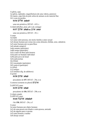 1) glória, capa
1a) glória, esplendor, magnificência (de uma videira, pastores)
1b) manto, capa feita de pele seleta de animais ou de material fino
1b1) veste de profeta
0156 ‫אדש‬ ’adash
uma raiz primitiva; DITAT - 419; v
1) (Qal) debulhar, pisar, pôr o pé, esmagar
0157 ‫אהב‬ ’ahab ou ‫אהב‬ ’aheb
uma raiz primitiva; DITAT - 29; v
1) amar
1a) (Qal)
1a1) amor entre pessoas, isto inclui família e amor sexual
1a2) desejo humano por coisas tais como alimento, bebida, sono, sabedoria
1a3) amor humano por ou para Deus
1a4) atitude amigável
1a4a) amante (particípio)
1a4b) amigo (particípio)
1a5) o amor de Deus pelo homem
1a5a) pelo ser humano individual
1a5b) pelo povo de Israel
1a5c) pela justiça
1b) (Nifal)
1b1) encantador (particípio)
1b2) amável (particípio)
1c) (Piel)
1c1) amigos
1c2) amantes (fig. de adúlteros)
2) gostar
0158 ‫אהב‬ ’ahab
procedente de 157; DITAT - 29a; n m
1) amores (somente no plural) ‫אהבים‬
2) (DITAT) amor
0159 ‫אהב‬ ’ohab
procedente de 156; DITAT - 29b; n m
1) objeto amado
2) (DITAT) amor
0160 ‫אהבה‬ ’ahabah
f de 158; DITAT - 29c; n f
1) amor
1a) amor humano por objeto humano
1a1) de uma pessoa em relação a outra pessoa, amizade
1a2) de alguém para si mesmo
1a3) entre homem e mulher
1a4) desejo sexual
 