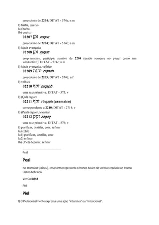 procedente de 2204; DITAT - 574a; n m
1) barba, queixo
1a) barba
1b) queixo
02207 ‫זקן‬ zoqen
procedente de 2204; DITAT - 574c; n m
1) idade avançada
02208 ‫זקן‬ zaqun
propriamente, particípio passivo de 2204 (usado somente no plural como um
substantivo); DITAT - 574e; n m
1) idade avançada, velhice
02209 ‫זקנה‬ ziqnah
procedente de 2205; DITAT - 574d; n f
1) velhice
02210 ‫זקף‬ zaqaph
uma raiz primitiva; DITAT - 575; v
1) (Qal) erguer
02211 ‫זקף‬ z ̂eqaph (aramaico)
correspondente a 2210; DITAT - 2714; v
1) (Peal) erguer, levantar
02212 ‫זקק‬ zaqaq
uma raiz primitiva; DITAT - 576; v
1) purificar, destilar, coar, refinar
1a) (Qal)
1a1) purificar, destilar, coar
1a2) refinar
1b) (Piel) depurar, refinar
Peal
Peal
No aramaico (caldeu), essa forma representa o tronco básico do verbo e equivale ao tronco
Qal no hebraico.
Ver Qal 8851
Piel
Piel
1) O Piel normalmente expressa uma ação “intensiva” ou “intencional”.
 