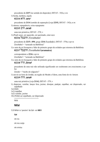procedente de 2237 (no sentido de dispersão); DITAT - 543a; n m
1) borda, moldura, argola
02214 ‫זרא‬ zara’
procedente de 2114 (sentido de separação) [veja 2219]; DITAT - 542a; n m
1) náusea, repugnância, coisa repugnante
02215 ‫זרב‬ zarab
uma raiz primitiva; DITAT - 578; v
1) (Pual) secar, ser aquecido, ser queimado, estar seco
02216 ‫זרבבל‬ Z ̂erubbabel
procedente de 2215 e 894, grego 2216 Ζοροβαβελ; DITAT - 578a; n pr m
Zorobabel = “semeado na Babilônia”
1) o neto do rei Jeoaquim e líder do primeiro grupo de exilados que retornou da Babilônia
02217 ‫זרבבל‬ Z ̂erubbabel (aramaico)
correspondente a 2216; n pr m
Zorobabel = “semeado na Babilônia”
1) o neto do rei Jeoaquim e líder do primeiro grupo de exilados que retornou da Babilônia
02218 ‫זרד‬ Zered
procedente de uma raiz não utilizada significando ser exuberante em crescimento; n pr
loc
Zerede = “riacho do salgueiro”
1) um rio ao leste do Jordão, na região de Moabe e Edom, uma fonte do rio Arnom
02219 ‫זרה‬ zarah
uma raiz primitiva [veja 2114]; DITAT - 579; v
1) dispersar, ventilar, lançar fora, joeirar, dissipar, padejar, espalhar, ser dispersado, ser
espalhado
1a) (Qal)
1a1) espalhar
1a2) ventilar, joeirar
1b) (Nifal) ser espalhado, ser dispersado
Nifal
Nifal
1) O Nifal é o “passivo” do Qal - ver 8851
Qal
ele viu
ele viu o anjo
ele enviou
 
