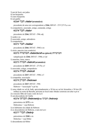 3) pai de Socó, um judeu
4) um benjamita
5) outro benjamita
6) um gadita
02269 ‫חבר‬ chabar (aramaico)
procedente de uma raiz correspondente a 2266; DITAT - 2717,2717a; n m
1) companheiro, associado, amigo, camarada, colega
02270 ‫חבר‬ chaber
procedente de 2266; DITAT - 598c adj
1) unido n m
2) associado, amigo, adoradores
3) companheiro
02271 ‫חבר‬ chabbar
procedente de 2266; DITAT - 598f; n m
1) sócio, parceiro (em comércio)
02272 ‫חברברה‬ chabarburah ou (plural) ‫חברברות‬
reduplicação de 2266; DITAT - 598h; n f pl
1) manchas, listra, marca
02273 ‫חברה‬ chabrah (aramaico)
procedente de 2269; DITAT - 2717b; n f
1) associado, colega, companheiro
02274 ‫חברה‬ chebrah
procedente de 2267; DITAT - 598b; n f
1) companhia, associação
02275 ‫חברון‬ Chebrown
procedente de 2267; DITAT - 598i
Hebrom = “associação” n pr loc
1) uma cidade no sul de Judá, aproximadamente a 30 km ao sul de Jerusalém e 30 km (20
milhas) ao norte de Berseba, próxima ao local onde Abraão construiu um altar n pr m
2) o terceiro filho de Coate e neto de Levi
3) um descendente de Calebe
02276 ‫חברוני‬ Chebrowniy ou ‫חברני‬ Chebroniy
patronímico de 2275; n m
Hebronitas = veja Hebrom
1) os habitantes da cidade de Hebrom
2) os descendentes de Hebrom, o neto de Levi
02277 ‫חברי‬ Chebriy
patronímico de 2268; n m
Heberitas = veja Héber
1) descendentes de Héber
 