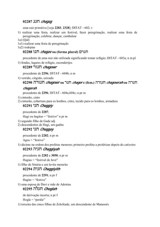 02287 ‫חגג‬ chagag
uma raiz primitiva [veja 2283, 2328]; DITAT - 602; v
1) realizar uma festa, realizar um festival, fazer peregrinação, realizar uma festa de
peregrinação, celebrar, dançar, cambalear
1a) (Qal)
1a1) realizar uma festa de peregrinação
1a2) rodopiar
02288 ‫חגו‬ chagav ou (forma plural) ‫חגוים‬
procedente de uma raiz não utilizada significando tomar refúgio; DITAT - 603a; n m pl
1) fendas, lugares de refúgio, esconderijos
02289 ‫חגור‬ chagowr
procedente de 2296; DITAT - 604b; n m
1) vestido, cingido, cercado
02290 ‫חגורה‬ chagowr ou ‫חגר‬ chagor e (fem.) ‫חגורה‬ chagowrah ou ‫חגרה‬
chagorah
procedente de 2296; DITAT - 604a,604c; n pr m
1) cinturão, cinto
2) cinturão, cobertura para os lombos, cinto, tecido para os lombos, armadura
02291 ‫חגי‬ Chaggiy
procedente de 2287;
Hagi ou hagitas = “festivo” n pr m
1) segundo filho de Gade adj
2) descendentes de Hagi, um gadita
02292 ‫חגי‬ Chaggay
procedente de 2282; n pr m
Ageu = “festivo”
1) décimo na ordem dos profetas menores; primeiro profeta a profetizar depois do cativeiro
02293 ‫חגיה‬ Chaggiyah
procedente de 2282 e 3050; n pr m
Hagias = “festival de Javé”
1) filho de Siméia e um levita merarita
02294 ‫חגית‬ Chaggiyith
procedente de 2291; n pr f
Hagite = “festiva”
1) uma esposa de Davi e mãe de Adonias
02295 ‫חגלה‬ Choglah
de derivação incerta; n pr f
Hogla = “perdiz”
1) terceira das cinco filhas de Zelofeade, um descendente de Manassés
 