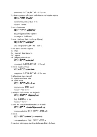 procedente de 2314; DITAT - 612a; n m
1) câmara, quarto, sala, parte mais interna ou interior, dentro
02316 ‫חדר‬ Chadar
outra forma para 2315; n pr m
Hadar = “honra”
1) um rei edomita
02317 ‫חדרך‬ Chadrak
de derivação incerta; n pr loc
Hadraque = “habitante”
1) uma cidade da Síria (moderno Líbano)
02318 ‫חדש‬ chadash
uma raiz primitiva; DITAT - 613; v
1) ser novo, renovar, reparar
1a) (Piel)
1a1) renovar, fazer de novo
1a2) reparar
1b) (Hitpael) renovar-se
02319 ‫חדש‬ chadash
procedente de 2318; DITAT - 613a; adj
1) novo, recente, fresco
02320 ‫חדש‬ chodesh
procedente de 2318; DITAT - 613b; n m
1) a lua nova, mês, mensal
1a) o primeiro dia do mês
1b) o mês lunar
02321 ‫חדש‬ Chodesh
o mesmo que 2320; n pr f
Hodes = “lua nova”
1) a esposa de Saaraim, um benjamita
02322 ‫חדשה‬ Chadashah
fem. de 2319; n pr loc
Hadasa = “novo”
1) uma das cidades nas terras baixas de Judá
02323 ‫חדת‬ chadath (aramaico)
correspondente a 2319; DITAT - 2721; adj
1) novo
02324 ‫חוא‬ chava’ (aramaico)
correspondente a 2331; DITAT - 2722; v
1) mostrar, interpretar, explicar, informar, falar, declarar
 