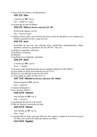 3) força física (de homens e do hipopótamo)
0203 ‫און‬ ’Own
o mesmo que 202; n pr m
Om = “saúde” ou “vigor”
1) um príncipe da tribo de Rúbem
0204 ‫און‬ ’Own ou (forma contrata) ‫אן‬ ’On
de derivação egípcia; n pr loc
Om = “força ou vigor”
1) cidade no baixo Egíto, terra fronteira de Gósen, centro de adoração ao sol, residência de
Potífera (sacerdote de Om e sogro de José)
0205 ‫און‬ ’aven
procedente de uma raiz não utilizada talvez significando apropriadamente, ofegar
(portanto, esforçar-se, geralmente em vão; DITAT - 48a; n m
1) problema, impiedade, sofrimento
1a) problema, sofrimento
1b) idolatria
1c) problema com iniqüidade, impiedade
0206 ‫און‬ ’Aven
o mesmo que 205; n pr loc
Áven = “vaidade”
1) um nome usado desdenhosamente para os seguintes lugares de culto idólatra
1a) uma cidade no Egito, possivelmente Om (Ez 30.17)
1b) Betel e a sua adoração ao bezerro (Os 10.8)
1c) Uma cidade ou região na Síria (Am 1.5)
0207 ‫אונו‬ ’Ownow ou (forma contrata) ‫אנו‬ ’Onow
forma alongada de 202; n pr loc
Ono = “vigoroso”
1) cidade em Benjamim
2) um vale (dos artífices)
0208 ‫אונם‬ ’Ownam
uma variação de 209; n pr m
Onã = “vigoroso”
1) um príncipe dos horeus, neto de Seir
2) filho de Jerameel, um príncipe de Judá
0209 ‫אונם‬ ’Ownan
uma variação de 207; n pr m
Onã = “forte”
1) segundo filho de Judá, morto por Deus por não cumprir a exigência do levirato de gerar
um filho com a esposa do irmão que faleceu sem filhos
0210 ‫אופז‬ ’Uwphaz
 