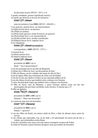 de derivação incerta; DITAT - 693.1; n m
1) geada, inundação, granizo (significado incerto)
1a) aquilo que destruiu as árvores de sicômoros
02603 ‫חנן‬ chanan
uma raiz primitiva [veja 2583]; DITAT - 694,695; v
1) ser gracioso, mostrar favor, ser misericordioso
1a) (Qal) mostrar favor, ser gracioso
1b) (Nifal) ser piedoso
1c) (Piel) tornar gracioso, tornar favorável, ser gracioso
1d) (Poel) dirigir favor a, ter misericórdia de
1e) (Hofal) receber favor, receber consideração
1f) (Hitpael) buscar favor, implorar favor
2) ser repugnante
02604 ‫חנן‬ chanan (aramaico)
correspondente a 2603; DITAT - 2737; v
1) mostrar favor
1a) (Peal) mostrar favor
1b) (Itpael) implorar favor
02605 ‫חנן‬ Chanan
procedente de 2603; n pr m
Hanã = “ele é misericordioso”
1) um dos principais povos da tribo de Benjamim
2) último dos 6 filhos de Azel, um descendente de Saul
3) filho de Maaca, um dos soldados das tropas de elite de Davi
4) pai de alguns filhos que retornaram do exílio com Zorobabel
5) um dos levitas que ajudou a Esdras na sua exposição pública da lei
6) um dos líderes do povo que também selou a aliança com Neemias
7) outro dos principais leigos que também selou a aliança com Neemias
8) filho de Zacur, neto de Matanias, a quem Neemias indicou como um dos dos
encarregados das provisões recolhidas como dízimos. O mesmo que o 5?
9) filho de Jigdalias
02606 ‫חננאל‬ Chanan’el
procedente de 2603 e 410; n pr m
Hananel = “Deus tem favorecido”
1) o nome de uma torre em Jerusalém
02607 ‫חנני‬ Chananiy
procedente de 2603; n pr m
Hanani = “gracioso”
1) um dos filhos de Hemã, um músico chefe de Davi, e líder do décimo oitavo turno do
serviço
2) um vidente que repreendeu Asa, rei de Judá, e foi aprisionado 2a) talvez pai de Jeú, o
vidente, que testemunhou contra Baasa
3) um dos sacerdotes que casou com uma esposa estrangeira na época de Esdras
4) irmão de Neemias a quem Neemias designou como governador de Jerusalém
 