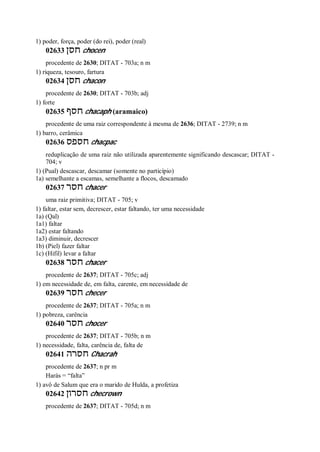1) poder, força, poder (do rei), poder (real)
02633 ‫חסן‬ chocen
procedente de 2630; DITAT - 703a; n m
1) riqueza, tesouro, fartura
02634 ‫חסן‬ chacon
procedente de 2630; DITAT - 703b; adj
1) forte
02635 ‫חסף‬ chacaph (aramaico)
procedente de uma raiz correspondente à mesma de 2636; DITAT - 2739; n m
1) barro, cerâmica
02636 ‫חספס‬ chacpac
reduplicação de uma raiz não utilizada aparentemente significando descascar; DITAT -
704; v
1) (Pual) descascar, descamar (somente no particípio)
1a) semelhante a escamas, semelhante a flocos, descamado
02637 ‫חסר‬ chacer
uma raiz primitiva; DITAT - 705; v
1) faltar, estar sem, decrescer, estar faltando, ter uma necessidade
1a) (Qal)
1a1) faltar
1a2) estar faltando
1a3) diminuir, decrescer
1b) (Piel) fazer faltar
1c) (Hifil) levar a faltar
02638 ‫חסר‬ chacer
procedente de 2637; DITAT - 705c; adj
1) em necessidade de, em falta, carente, em necessidade de
02639 ‫חסר‬ checer
procedente de 2637; DITAT - 705a; n m
1) pobreza, carência
02640 ‫חסר‬ chocer
procedente de 2637; DITAT - 705b; n m
1) necessidade, falta, carência de, falta de
02641 ‫חסרה‬ Chacrah
procedente de 2637; n pr m
Harás = “falta”
1) avô de Salum que era o marido de Hulda, a profetiza
02642 ‫חסרון‬ checrown
procedente de 2637; DITAT - 705d; n m
 