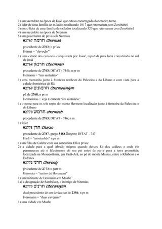 1) um sacerdote na época de Davi que estava encarregado do terceiro turno
2) líder de uma família de exilados totalizando 1017 que retornaram com Zorobabel
3) outro líder de uma família de exilados totalizando 320 que retornaram com Zorobabel
4) um sacerdote na época de Neemias
5) um governante do povo sob Neemias
02767 ‫חרמה‬ Chormah
procedente de 2763; n pr loc
Horma = “devoção”
1) uma cidade dos cananeus conquistada por Josué, repartida para Judá e localizada no sul
de Judá
02768 ‫חרמון‬ Chermown
procedente de 2763; DITAT - 744b; n pr m
Hermom = “um santuário”
1) uma montanha junto à fronteira nordeste da Palestina e do Líbano e com vista para a
cidade fronteiriça de Dã
02769 ‫חרמונים‬ Chermowniym
pl. de 2768; n pr m
Hermonitas = veja Hermom “um santuário”
1) o nome para os três topos do monte Hermom localizado junto à fronteira da Palestina e
do Líbano
02770 ‫ח‬‫רמש‬ chermesh
procedente de 2763; DITAT - 746; n m
1) foice
02771 ‫חרן‬ Charan
procedente de 2787, grego 5488 Ξαρραν; DITAT - 747
Harã = “montanhês” n pr m
1) um filho de Calebe com sua concubina Efá n pr loc
2) a cidade para a qual Abraão migrou quando deixou Ur dos caldeus e onde ele
permaneceu até o falecimento do seu pai antes de partir para a terra prometida;
localizada na Mesopotâmia, em Padã-Arã, ao pé do monte Masius, entre o Khabour e o
Eufrates
02772 ‫חרני‬ Choroniy
procedente de 2773; n patr m
Horonita = “nativo de Horonaim”
1) um habitante de Horonaim em Moabe
1a) a designação de Sambalate, o inimigo de Neemias
02773 ‫חרנים‬ Choronayim
dual procedente de um derivativo de 2356; n pr m
Horonaim = “duas cavernas”
1) uma cidade em Moabe
 