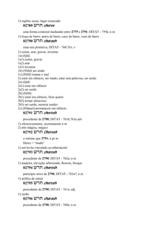 1) regiões secas, lugar ressecado
02789 ‫חרש‬ cheres
uma forma colateral mediando entre 2775 e 2791; DITAT - 759a; n m
1) louça de barro, potes de barro, caco de barro, vaso de barro
02790 ‫חרש‬ charash
uma raiz primitiva; DITAT - 760,761; v
1) cortar, arar, gravar, inventar
1a) (Qal)
1a1) cortar, gravar
1a2) arar
1a3) inventar
1b) (Nifal) ser arado
1c) (Hifil) tramar o mal
2) estar em silêncio, ser mudo, estar sem palavras, ser surdo
2a) (Qal)
2a1) estar em silêncio
2a2) ser surdo
2b) (Hifil)
2b1) estar em silêncio, ficar quieto
2b2) tornar silencioso
2b3) ser surdo, mostrar surdez
2c) (Hitpael) permanecer em silêncio
02791 ‫חרש‬ cheresh
procedente de 2790; DITAT - 761b,763a adv
1) silenciosamente, secretamente n m
2) arte mágica, mágico
02792 ‫חרש‬ Cheresh
o mesmo que 2791; n pr m
Heres = “mudo”
1) um levita vinculado ao tabernáculo
02793 ‫חרש‬ choresh
procedente de 2790; DITAT - 762a; n m
1) madeira, elevação arborizada, floresta, bosque
02794 ‫חרש‬ choresh
particípio ativo de 2790; DITAT - 763a?; n m
1) artífice de metal
02795 ‫חרש‬ cheresh
procedente de 2790; DITAT - 761a; adj
1) surdo
02796 ‫חרש‬ charash
procedente de 2790; DITAT - 760a; n m
 