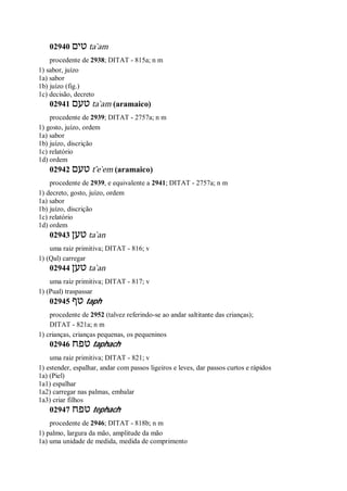 02940 ‫טים‬ ta ̀am
procedente de 2938; DITAT - 815a; n m
1) sabor, juízo
1a) sabor
1b) juízo (fig.)
1c) decisão, decreto
02941 ‫טעם‬ ta ̀am (aramaico)
procedente de 2939; DITAT - 2757a; n m
1) gosto, juízo, ordem
1a) sabor
1b) juízo, discrição
1c) relatório
1d) ordem
02942 ‫טעם‬ t ̂e ̀em (aramaico)
procedente de 2939, e equivalente a 2941; DITAT - 2757a; n m
1) decreto, gosto, juízo, ordem
1a) sabor
1b) juízo, discrição
1c) relatório
1d) ordem
02943 ‫טען‬ ta ̀an
uma raiz primitiva; DITAT - 816; v
1) (Qal) carregar
02944 ‫טען‬ ta ̀an
uma raiz primitiva; DITAT - 817; v
1) (Pual) traspassar
02945 ‫טף‬ taph
procedente de 2952 (talvez referindo-se ao andar saltitante das crianças);
DITAT - 821a; n m
1) crianças, crianças pequenas, os pequeninos
02946 ‫טפח‬ taphach
uma raiz primitiva; DITAT - 821; v
1) estender, espalhar, andar com passos ligeiros e leves, dar passos curtos e rápidos
1a) (Piel)
1a1) espalhar
1a2) carregar nas palmas, embalar
1a3) criar filhos
02947 ‫טפח‬ tephach
procedente de 2946; DITAT - 818b; n m
1) palmo, largura da mão, amplitude da mão
1a) uma unidade de medida, medida de comprimento
 