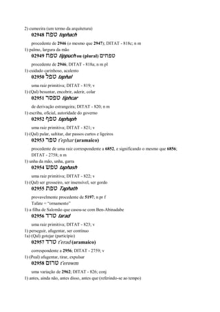 2) cumeeira (um termo da arquitetura)
02948 ‫טפח‬ tophach
procedente de 2946 (o mesmo que 2947); DITAT - 818c; n m
1) palmo, largura da mão
02949 ‫טפח‬ tippuch ou (plural) ‫טפחים‬
procedente de 2946; DITAT - 818a; n m pl
1) cuidado carinhoso, acalento
02950 ‫טפל‬ taphal
uma raiz primitiva; DITAT - 819; v
1) (Qal) besuntar, encobrir, aderir, colar
02951 ‫טפסר‬ tiphcar
de derivação estrangeira; DITAT - 820; n m
1) escriba, oficial, autoridade do governo
02952 ‫טפף‬ taphaph
uma raiz primitiva; DITAT - 821; v
1) (Qal) pular, saltitar, dar passos curtos e ligeiros
02953 ‫טפר‬ t ̂ephar (aramaico)
procedente de uma raiz correspondente a 6852, e significando o mesmo que 6856;
DITAT - 2758; n m
1) unha da mão, unha, garra
02954 ‫טפש‬ taphash
uma raiz primitiva; DITAT - 822; v
1) (Qal) ser grosseiro, ser insensível, ser gordo
02955 ‫טפת‬ Taphath
provavelmente procedente de 5197; n pr f
Tafate = “ornamento”
1) a filha de Salomão que casou-se com Ben-Abinadabe
02956 ‫טרד‬ tarad
uma raiz primitiva; DITAT - 823; v
1) perseguir, afugentar, ser contínuo
1a) (Qal) gotejar (particípio)
02957 ‫טרד‬ t ̂erad (aramaico)
correspondente a 2956; DITAT - 2759; v
1) (Peal) afugentar, tirar, expulsar
02958 ‫טרום‬ t ̂erowm
uma variação de 2962; DITAT - 826; conj
1) antes, ainda não, antes disso, antes que (referindo-se ao tempo)
 