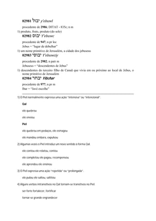 02981 ‫יבול‬ y ̂ebuwl
procedente de 2986; DITAT - 835c; n m
1) produto, fruto, produto (do solo)
02982 ‫יבוס‬ Y ̂ebuwc
procedente de 947; n pr loc
Jebus = “lugar de debulhar”
1) um nome primitivo de Jerusalém, a cidade dos jebuseus
02983 ‫יבוסי‬ Y ̂ebuwciy
procedente de 2982; n patr m
Jebuseus = “descendentes de Jebus”
1) descendentes do terceiro filho de Canaã que vivia em ou próximo ao local de Jebus, o
nome primitivo de Jerusalém
02984 ‫יבחר‬ Yibchar
procedente de 977; n pr m
Ibar = “Javé escolhe”
1) O Piel normalmente expressa uma ação “intensiva” ou “intencional”.
Qal
ele quebrou
ele enviou
Piel
ele quebrou em pedaços, ele esmagou
ele mandou embora, expulsou
2) Algumas vezes o Piel introduz um novo sentido à forma Qal.
ele contou ele relatou, contou
ele completou ele pagou, recompensou
ele aprendeu ele ensinou
3) O Piel expressa uma ação “repetida” ou “prolongada”.
ele pulou ele saltou, saltitou
4) Alguns verbos intransitivos no Qal tornam-se transitivos no Piel.
ser forte fortalecer, fortificar
tornar-se grande engrandecer
 